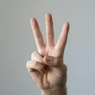A person making a peace sign with their right hand, clearly 