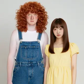 Two friends posing: one tall with curly red hair in denim ov
