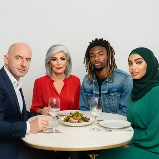 Four people at a dinner table: a bald man in a suit, a woman