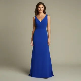 A woman wearing a royal blue evening dress against a neutral