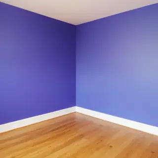 A room with walls in #4A90D9 (medium blue) with warm wooden 