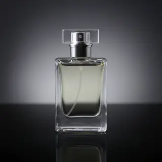 A clear glass perfume bottle on a reflective black surface w