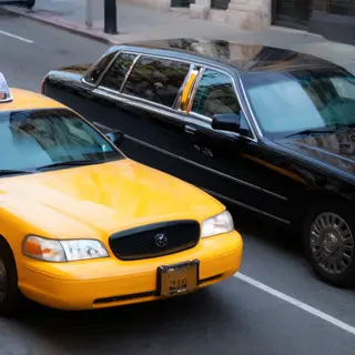 A yellow taxi and a black limousine parked next to each othe
