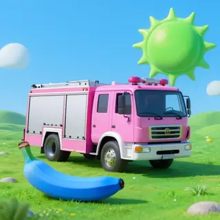 A pink fire truck, a blue banana, and a green sun in a surre