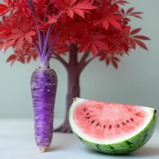 A purple carrot, a red tree with red leaves, and a white wat