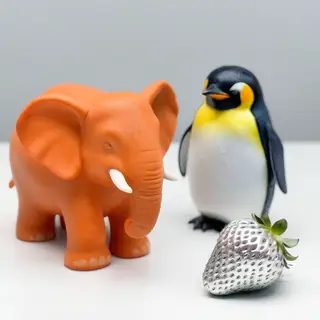 An orange elephant, a yellow penguin, and a silver strawberr