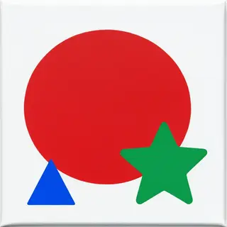 A large red circle, a small blue triangle, and a medium gree