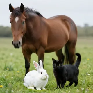 A big brown horse, a small white rabbit, and a medium-sized 