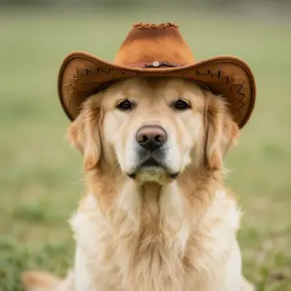 A golden retriever wearing a tiny cowboy hat
