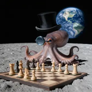 An octopus wearing a top hat and monocle playing chess on th