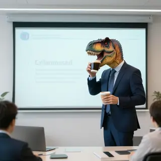 A dinosaur in a business suit giving a PowerPoint presentati