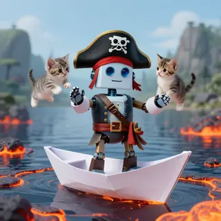 A robot dressed as a pirate sailing a paper boat on a lake o