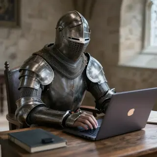 A medieval knight in full armor sitting at a desk typing on 
