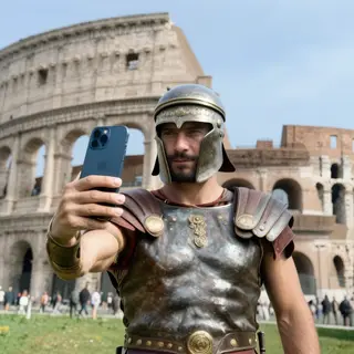 A Roman gladiator taking a selfie with a smartphone in the C