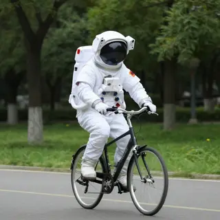 An astronaut in a spacesuit riding a bicycle through a park