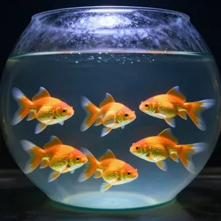 Exactly 9 goldfish swimming in a large round fishbowl