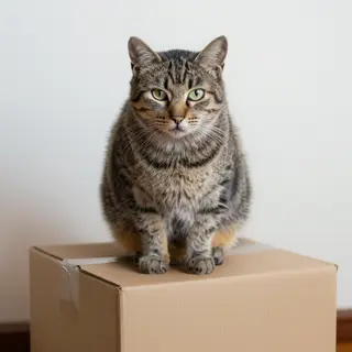 A cat sitting on top of a cardboard box