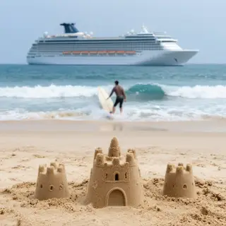 A beach scene with a sandcastle in the foreground, a surfer 