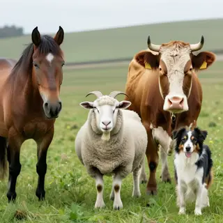 Five animals in a field: a horse on the far left, a cow to t