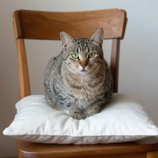 A cat sitting on a pillow, the pillow placed on a wooden cha