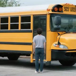 A person standing next to a yellow school bus, showing reali