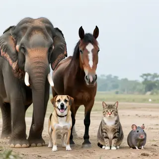 A group photo of an elephant, a horse, a dog, a cat, and a m