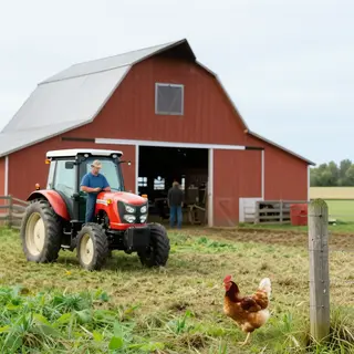 A farm scene with a barn, tractor, farmer, cow, chicken, and