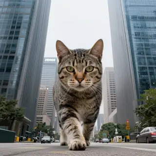 A giant tabby cat walking between city skyscrapers like a ka