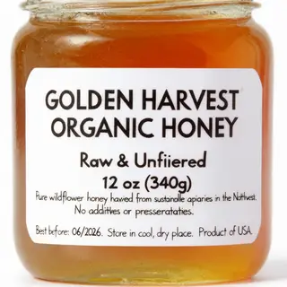 A product label for 'GOLDEN HARVEST ORGANIC HONEY' with subt