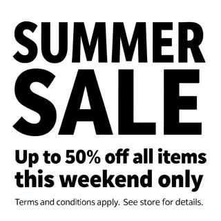 A poster with headline 'SUMMER SALE' in large bold text, bod