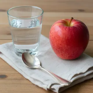 A still life on a wooden table featuring a clear glass of wa