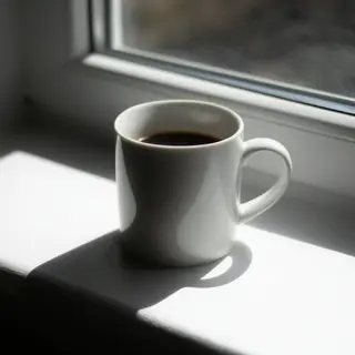 A coffee mug on a sunny windowsill casting a sharp shadow to