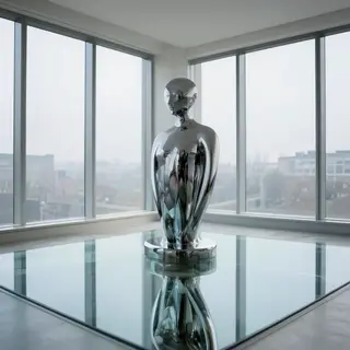 A chrome sculpture in a room with a glass floor and large wi