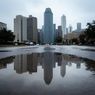 A city skyline reflected in a rain puddle on a street, with 