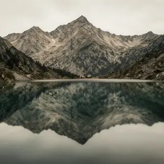 A mountain range reflected in a still alpine lake, with the 