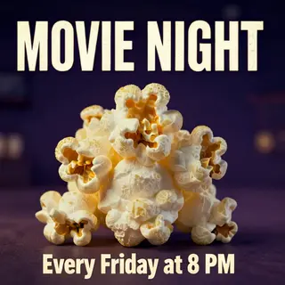 A movie night poster with a large popcorn image in the cente