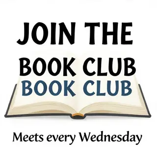 A book club poster with an open book illustration, the title