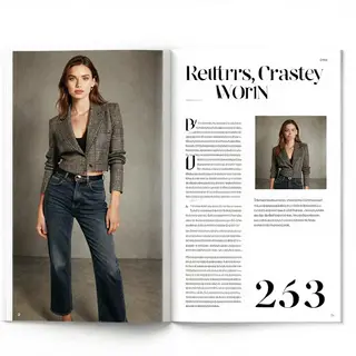 A fashion magazine spread with a full-bleed left-page photo,