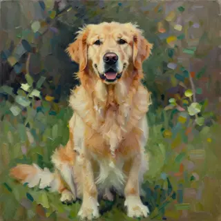 A golden retriever sitting in a garden, painted in the style