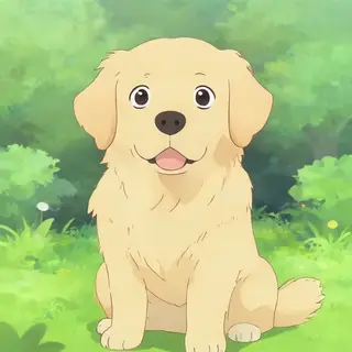 A golden retriever sitting in a garden, rendered in Japanese