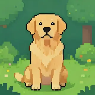 A golden retriever sitting in a garden, rendered in pixel ar