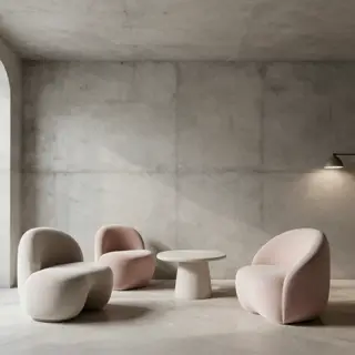 An interior scene rendered in soft brutalism — raw concrete 