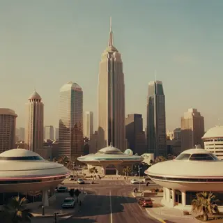 A cityscape rendered in nostalgic futurism — retro-futuristi