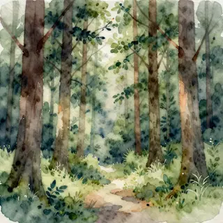 A forest rendered in photorealistic watercolor — the detail 