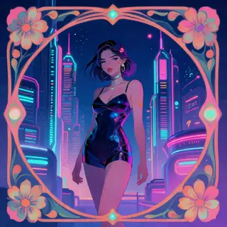A woman in a futuristic city rendered in cyberpunk Art Nouve