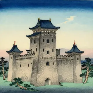 A medieval castle depicted in Japanese ukiyo-e woodblock pri