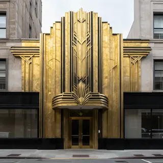 A city street scene in the style of Art Deco — geometric sha