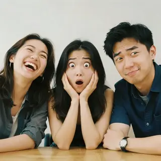 A group of three friends at a table: one laughing with head 