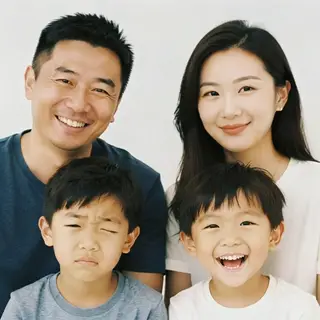 A family photo with four people: a father beaming with pride