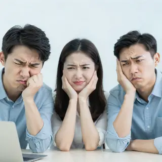 Three coworkers in a meeting: one looking frustrated with fu